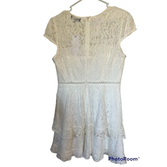 Lace Dress Medium White Cotton Blend Cap Sleeve Ruffle Hem Back Zipper Aakaa - Picture 2 of 5